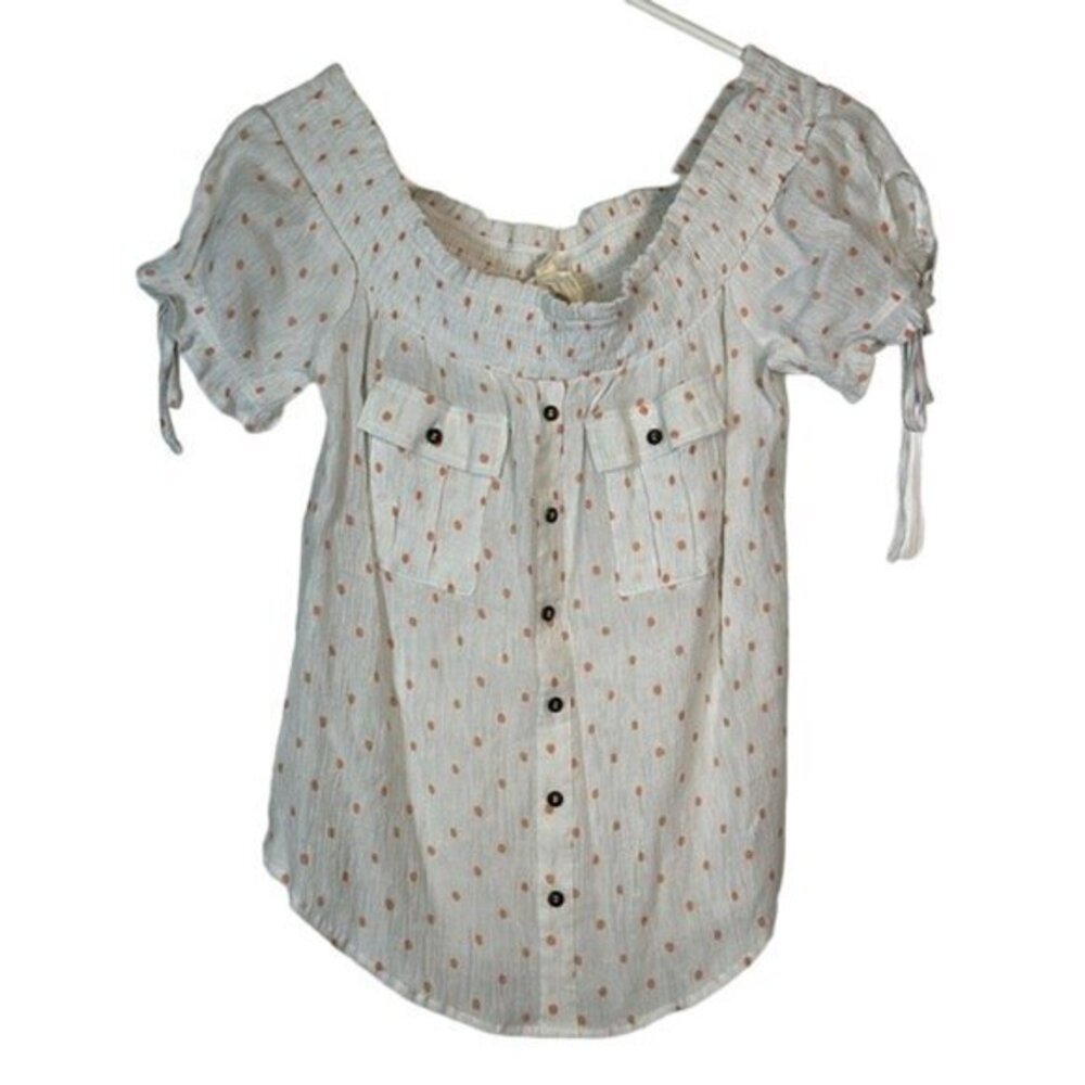 Sweet Wanderer White Orange Polka Dot Off the Shoulders Blouse Medium #1328-AZ